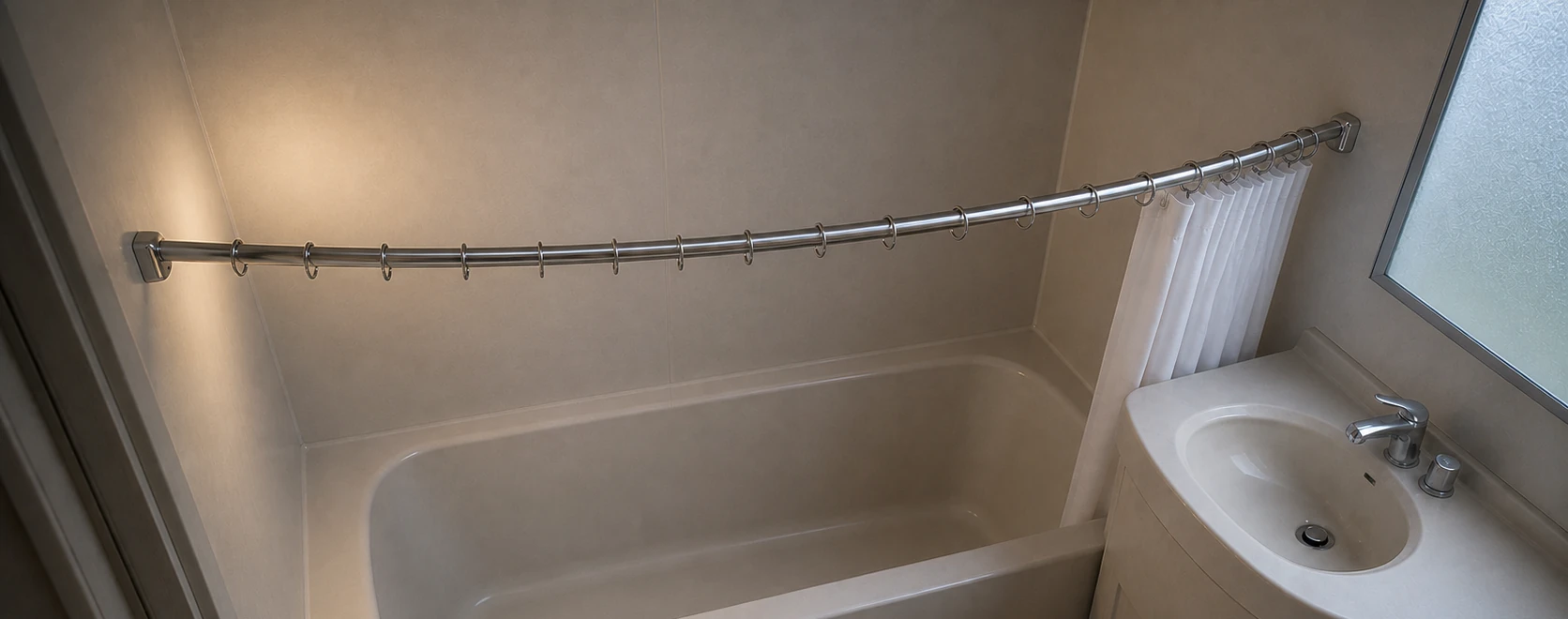 ホテル客室の3点ユニットバスに設置したiS-Pアーチ型カーテンパイプ。壁の受け金具から伸びたステンレスパイプが浴槽の長辺に沿って弧を描き、シャワーカーテンが等間隔のリングで吊られている